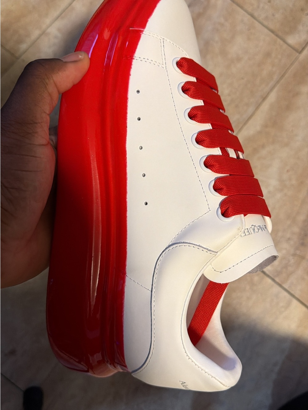 Alexander McQueen White Leather Sneakers with Red Sole and Laces